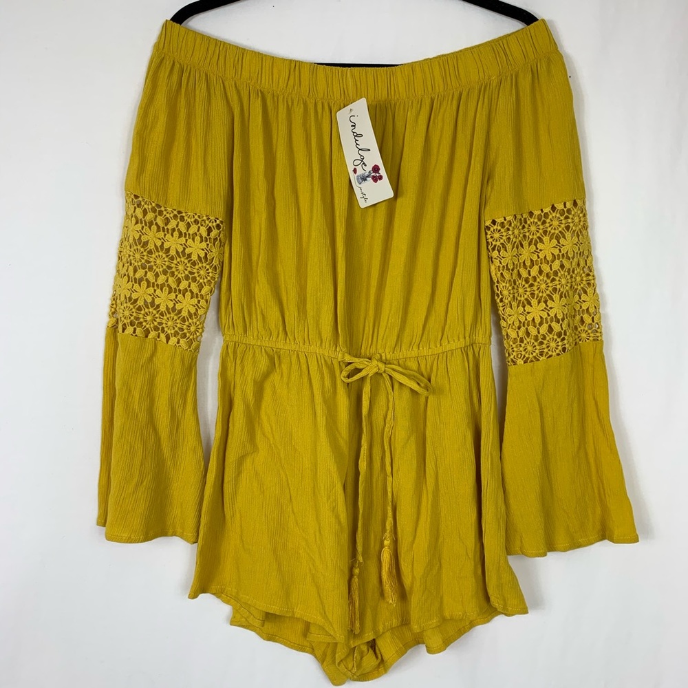 NWT Indulge Boho Romper Shorts LS Mustard M